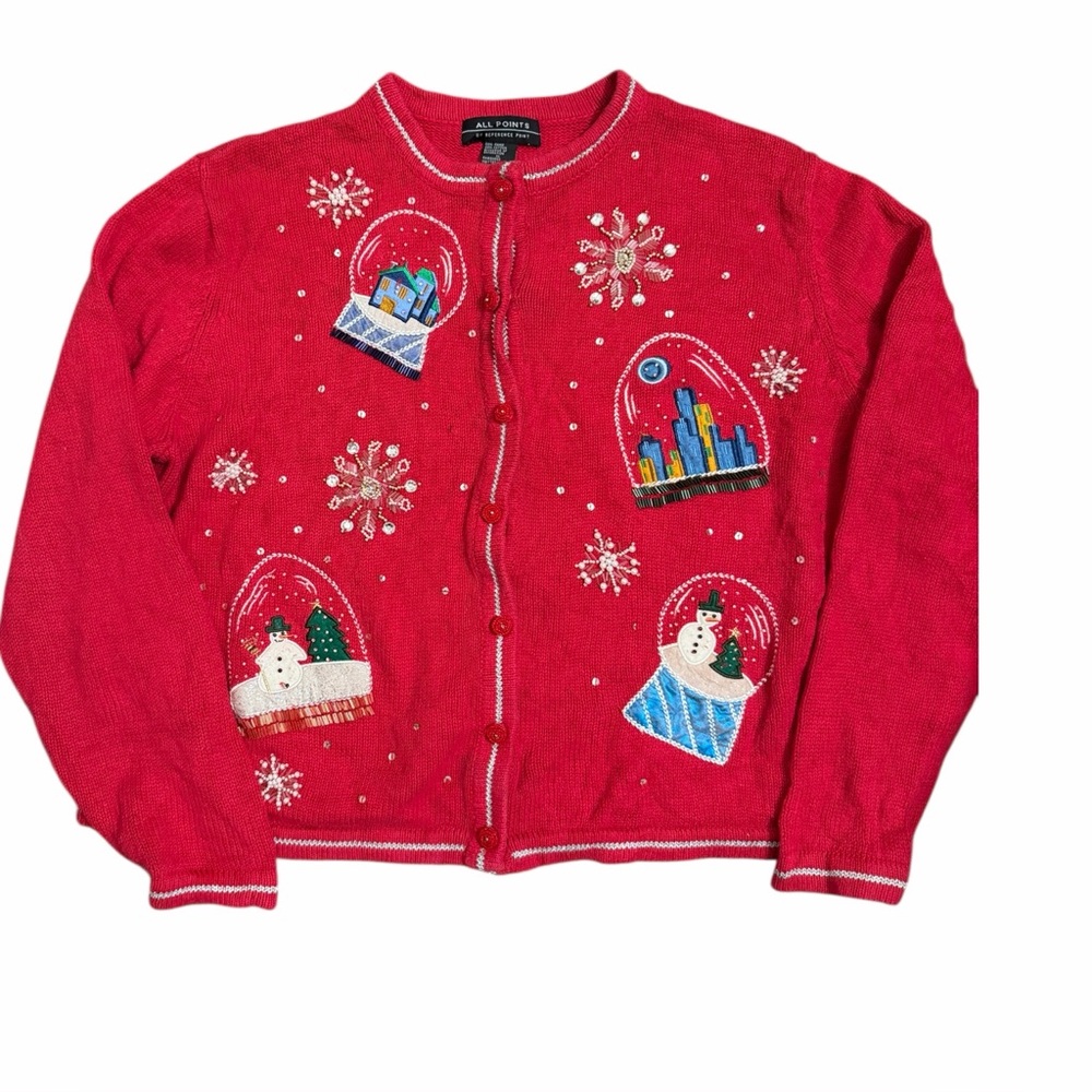 All Points Snow Globe Christmas Cardigan Sweater, Red Size XL‎